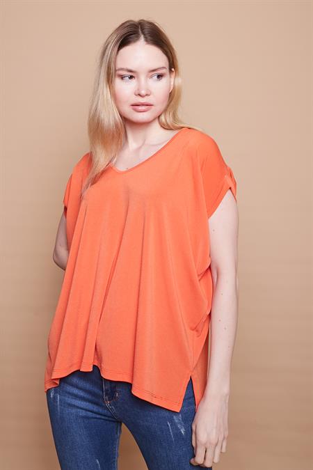Likralı Krep Kumaş V Yaka Salaş Yanı Yırtmaçlı Oversize Bluz-Oranj