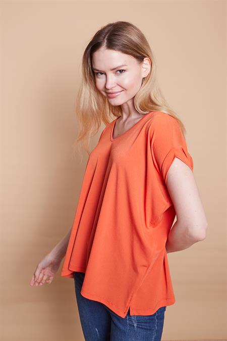 Likralı Krep Kumaş V Yaka Salaş Yanı Yırtmaçlı Oversize Bluz-Oranj