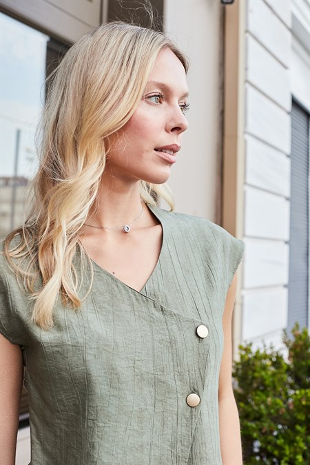 Kadın Keten Görünümlü Kruvaze Anvelop Düşük Omuzlu Yelek Bluz-Haki