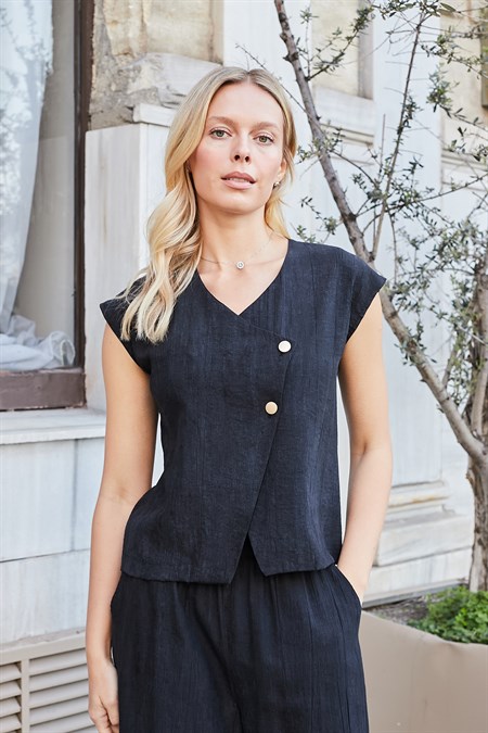 Kadın Keten Görünümlü Kruvaze Anvelop Düşük Omuzlu Yelek Bluz-Siyah