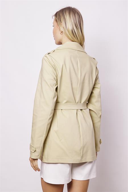 Kadın Kruvaze Anvelop Kemerli Hafif Likralı Kumaş Trençkot Ceket-Koyu Bej