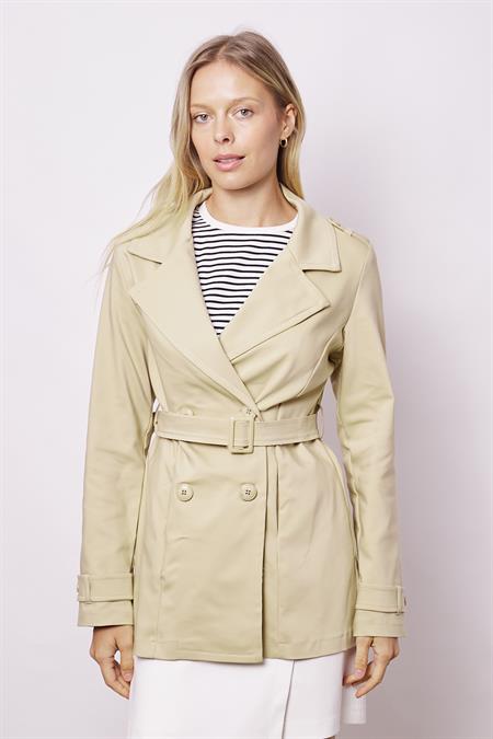 Kadın Kruvaze Anvelop Kemerli Hafif Likralı Kumaş Trençkot Ceket-Koyu Bej