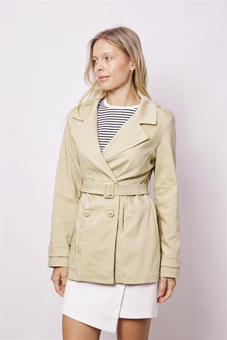 Kadın Kruvaze Anvelop Kemerli Hafif Likralı Kumaş Trençkot Ceket-Koyu Bej