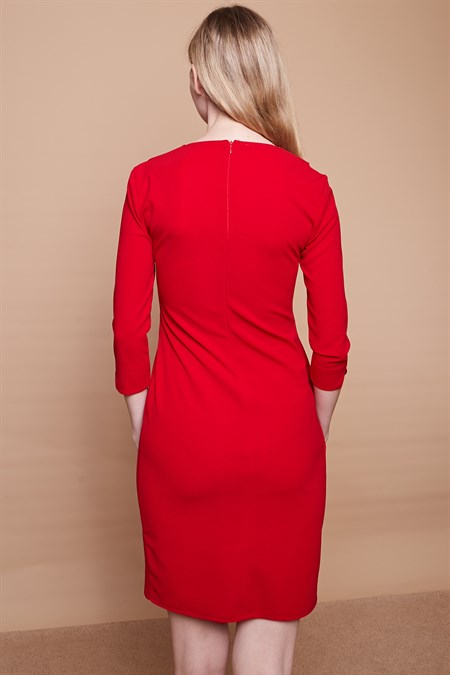 Kruvaze Anvelop Önü Büzgülü Şal Yakalı Kapri Kol Likralı Kumaş Elbise -Kırmızı 