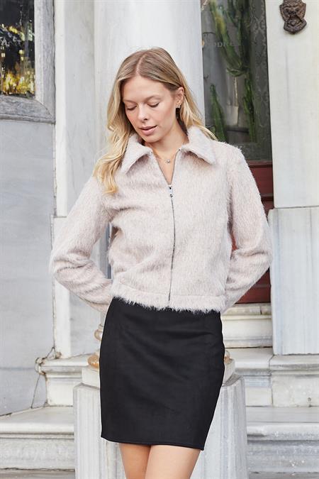 Kadın Kürk Kaşe Yakalı Cepli Arkası Lastikli Fermuarlı Kısa Mont-Kum 