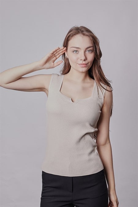 Kadın Likralı Esnek Triko Kare Yaka Kaşkorse Body Bluz-Taş 