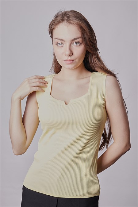 Kadın Likralı Esnek Triko Kare Yaka Kaşkorse Body Bluz-Sarı 