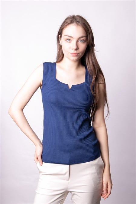 Kadın Likralı Esnek Triko Kare Yaka Kaşkorse Body Bluz-Lacivert 