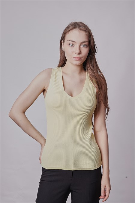 Kadın Likralı Esnek Triko V Yaka Kaşkorse Body Bluz-Sarı