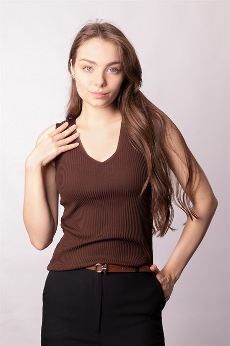 Kadın Likralı Esnek Triko V Yaka Kaşkorse Body Bluz-Kahve