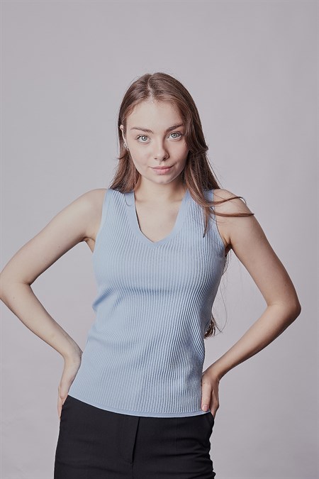 Kadın Likralı Esnek Triko V Yaka Kaşkorse Body Bluz-Mavi