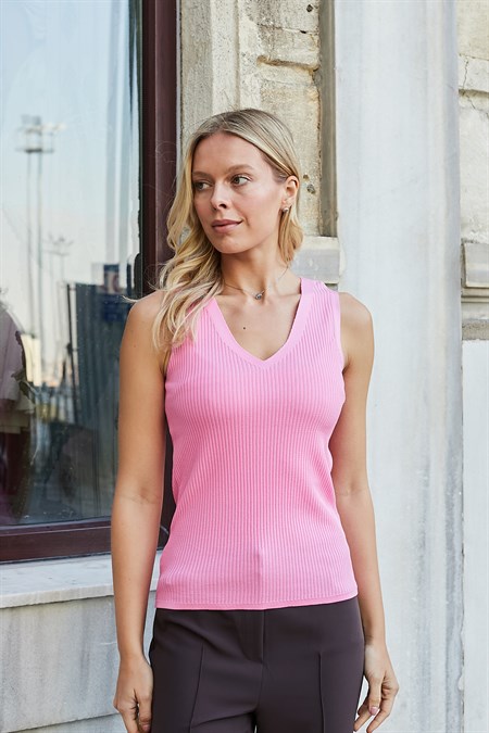 Kadın Likralı Esnek Triko V Yaka Kaşkorse Body Bluz-Pembe 