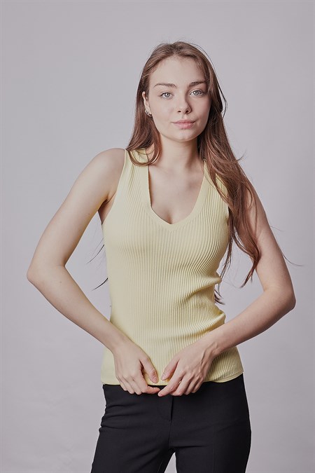 Kadın Likralı Esnek Triko V Yaka Kaşkorse Body Bluz-Sarı