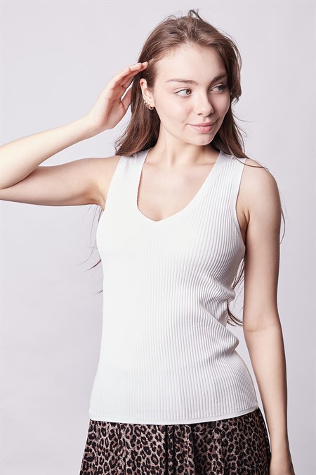 Kadın Likralı Esnek Triko V Yaka Kaşkorse Body Bluz-Krem