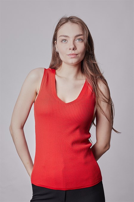 Kadın Likralı Esnek Triko V Yaka Kaşkorse Body Bluz-Kırmızı