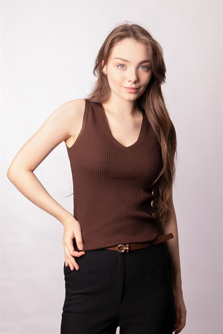 Kadın Likralı Esnek Triko V Yaka Kaşkorse Body Bluz-Kahve