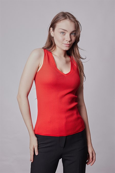 Kadın Likralı Esnek Triko V Yaka Kaşkorse Body Bluz-Kırmızı