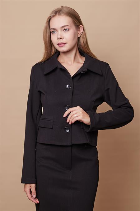 Kadın Likralı Kaşe Kumaş Yakalı Cep Kapaklı Uzun Kol Düğmeli Kısa Blazer Ceket Kaban-Siyah
