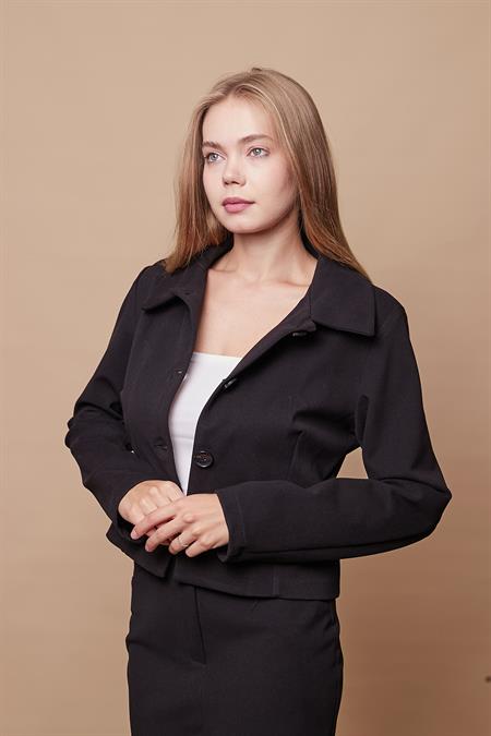 Kadın Likralı Kaşe Kumaş Yakalı Cep Kapaklı Uzun Kol Düğmeli Kısa Blazer Ceket Kaban-Siyah