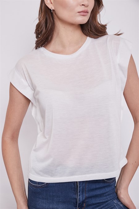 Lycrasız Pamuklu Geniş Sıfır Yaka Düşük Omuz T-Shirt-Krem