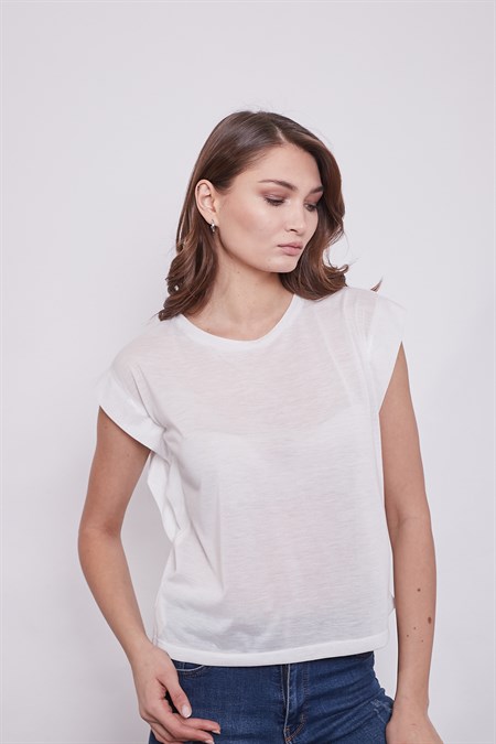 Lycrasız Pamuklu Geniş Sıfır Yaka Düşük Omuz T-Shirt-Krem