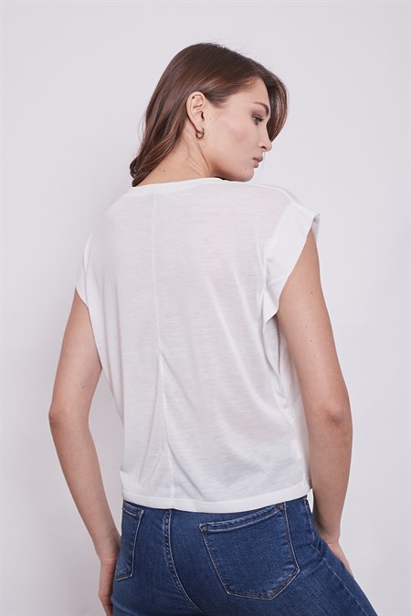 Lycrasız Pamuklu Geniş Sıfır Yaka Düşük Omuz T-Shirt-Krem