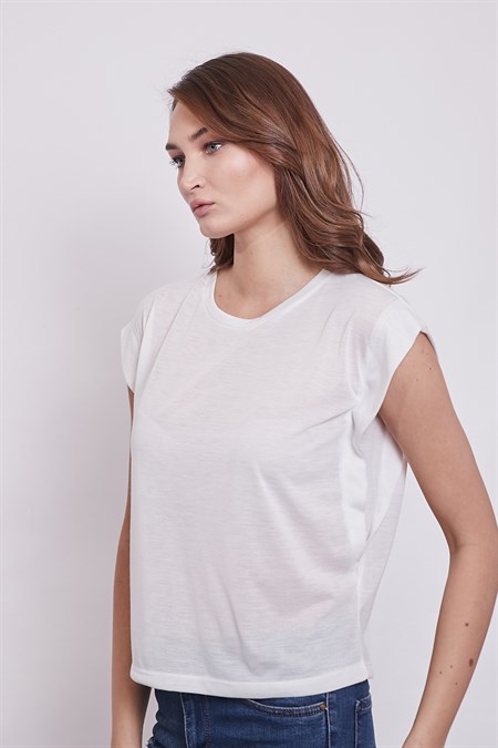 Lycrasız Pamuklu Geniş Sıfır Yaka Düşük Omuz T-Shirt-Krem