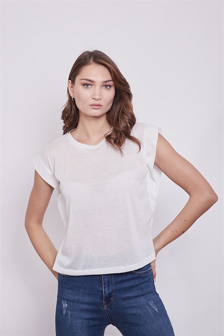 Lycrasız Pamuklu Geniş Sıfır Yaka Düşük Omuz T-Shirt-Krem
