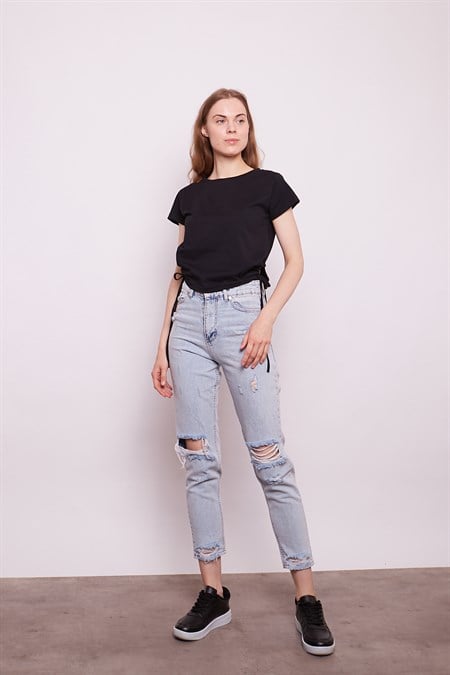 Likrasız Pamuk Kumaş Geniş Sıfır Yaka Kısa Kol Yanları Bağlamalı Kısa Kol Tshirt-Siyah 