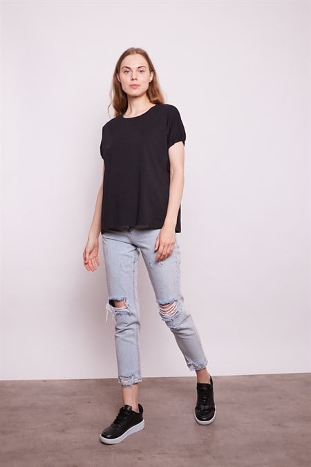 Lycrasız Pamuk Geniş Sıfır Yaka Düşük Omuzlu Kolları Bağcıklı T-Shirt -Siyah