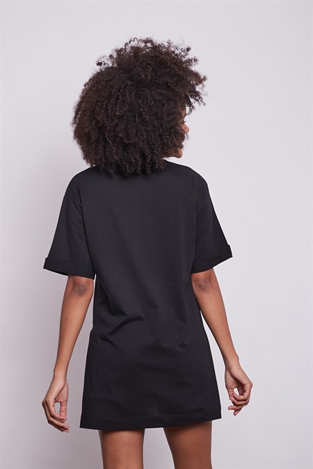 Likrasız Pamuk Sıfır Yaka Bol Duble Kol Yan Yırtmaçlı Oversize Tshirt-Siyah