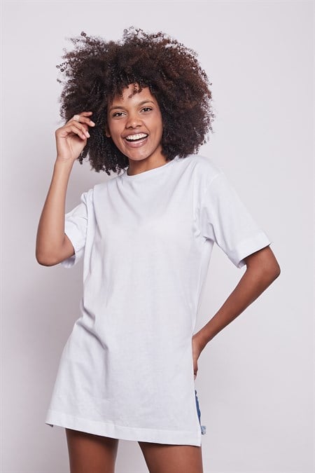 Likrasız Pamuk Sıfır Yaka Bol Duble Kol Yan Yırtmaçlı Oversize Tshirt-Beyaz