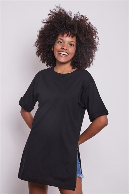 Likrasız Pamuk Sıfır Yaka Bol Duble Kol Yan Yırtmaçlı Oversize Tshirt-Siyah