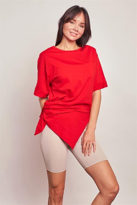 Likrasız Pamuk Sıfır Yaka Bol Duble Kol Yan Yırtmaçlı Oversize Tshirt- -Kırmızı