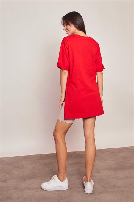 Likrasız Pamuk Sıfır Yaka Bol Duble Kol Yan Yırtmaçlı Oversize Tshirt- -Kırmızı