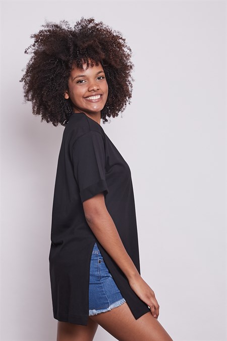 Likrasız Pamuk Sıfır Yaka Bol Duble Kol Yan Yırtmaçlı Oversize Tshirt-Siyah