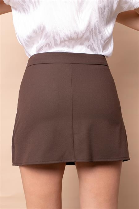 Kadın Hafif Likralı Tok Kumaş Yırtmaçlı Mini Şort Etek-Kahve