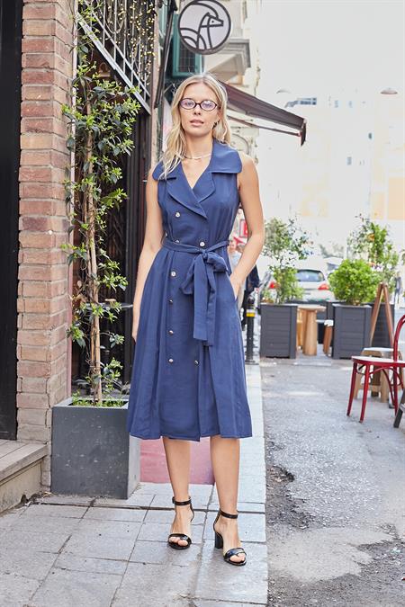 Kadın İpeksi Modal Likrasız Kumaş  Anvelop Kruvaze Yakalı Cepli Bağcıklı Midi Boy Diz Altı Elbise-Lacivert