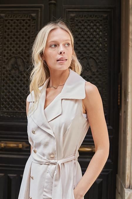 Kadın İpeksi Modal Likrasız Kumaş  Anvelop Kruvaze Yakalı Cepli Bağcıklı Midi Boy Diz Altı Elbise-Bej