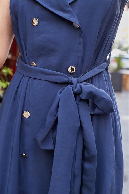 Kadın İpeksi Modal Likrasız Kumaş  Anvelop Kruvaze Yakalı Cepli Bağcıklı Midi Boy Diz Altı Elbise-Lacivert