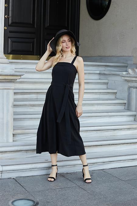 Kadın İpeksi Modal Kumaş Askılı Eteği Kiloş Diz Altı Yazlık Abiye Gece Elbise-Siyah