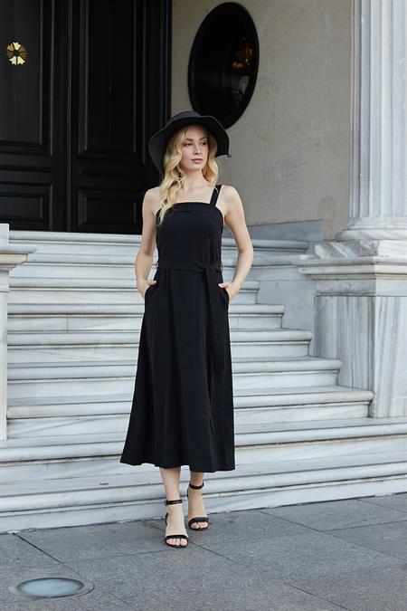 Kadın İpeksi Modal Kumaş Askılı Eteği Kiloş Diz Altı Yazlık Abiye Gece Elbise-Siyah