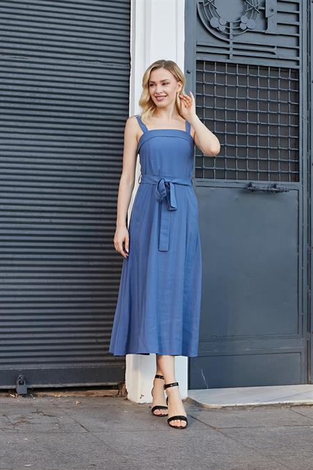 Kadın İpeksi Modal Kumaş Askılı Eteği Kiloş Diz Altı Yazlık Abiye Gece Elbise-İndigo