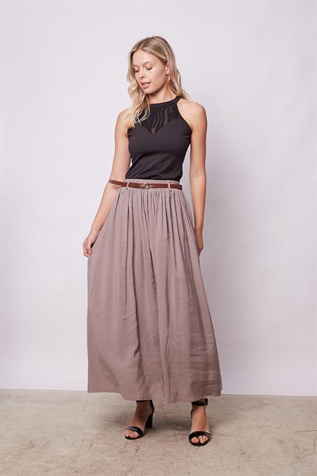 Kadın İpeksi Dokulu Modal Kumaş Cepli Beli Lastikli Bilek Boy Uzun Etek(Deri Kemer Dahil)-Duman Gri