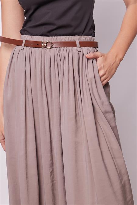 Kadın İpeksi Dokulu Modal Kumaş Cepli Beli Lastikli Bilek Boy Uzun Etek(Deri Kemer Dahil)-Duman Gri