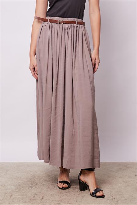 Kadın İpeksi Dokulu Modal Kumaş Cepli Beli Lastikli Bilek Boy Uzun Etek(Deri Kemer Dahil)-Duman Gri