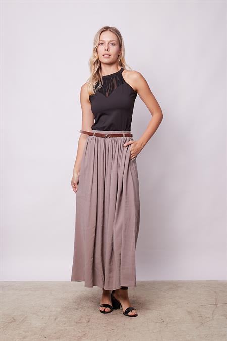 Kadın İpeksi Dokulu Modal Kumaş Cepli Beli Lastikli Bilek Boy Uzun Etek(Deri Kemer Dahil)-Duman Gri
