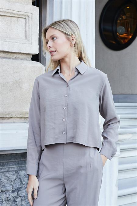 Kadın Likrasız Modal Kumaş Uzun Kol Hafif Kısa Gömlek-Duman