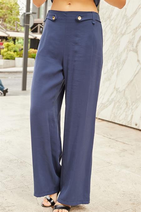 Kadın İpeksi Modal Kumaş Yüksek Bel Beli Lastikli Apoletli Yan Cepli Bol Paça Palazzo Pantolon-Lacivert