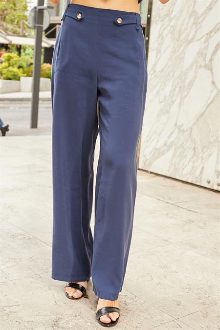 Kadın İpeksi Modal Kumaş Yüksek Bel Beli Lastikli Apoletli Yan Cepli Bol Paça Palazzo Pantolon-Lacivert